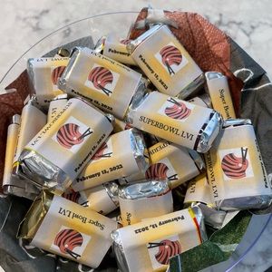 Candy wrappers personalized.  Print, cut, glue stick on Hershey miniatures.